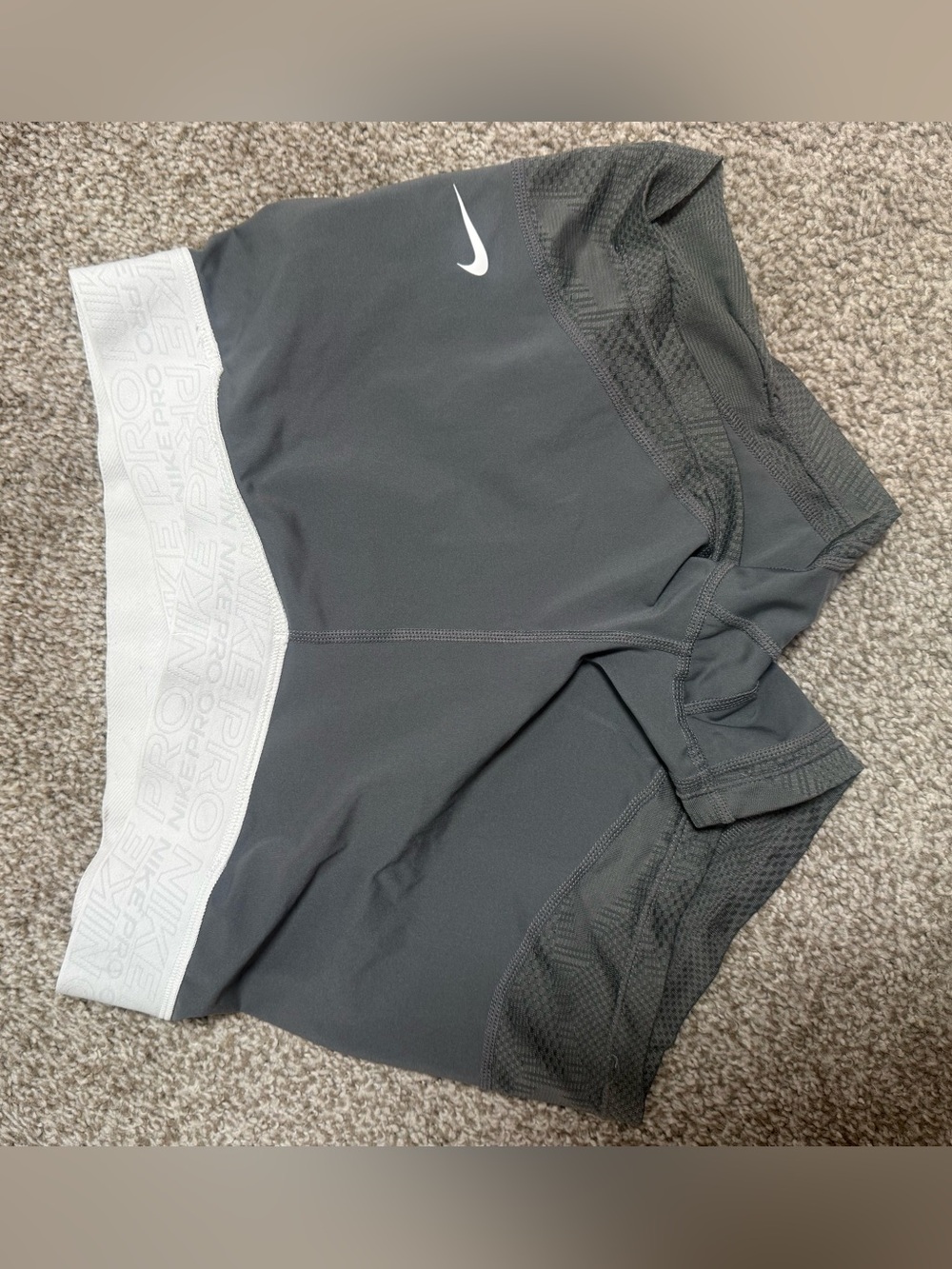 Nike Women's Gray Athletic Compression Shorts with White Branded Waistband